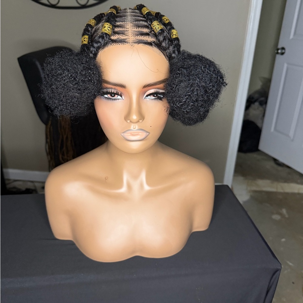 Stylish Black Braided Afro Puff Wig with Gold Accents - Unbranded